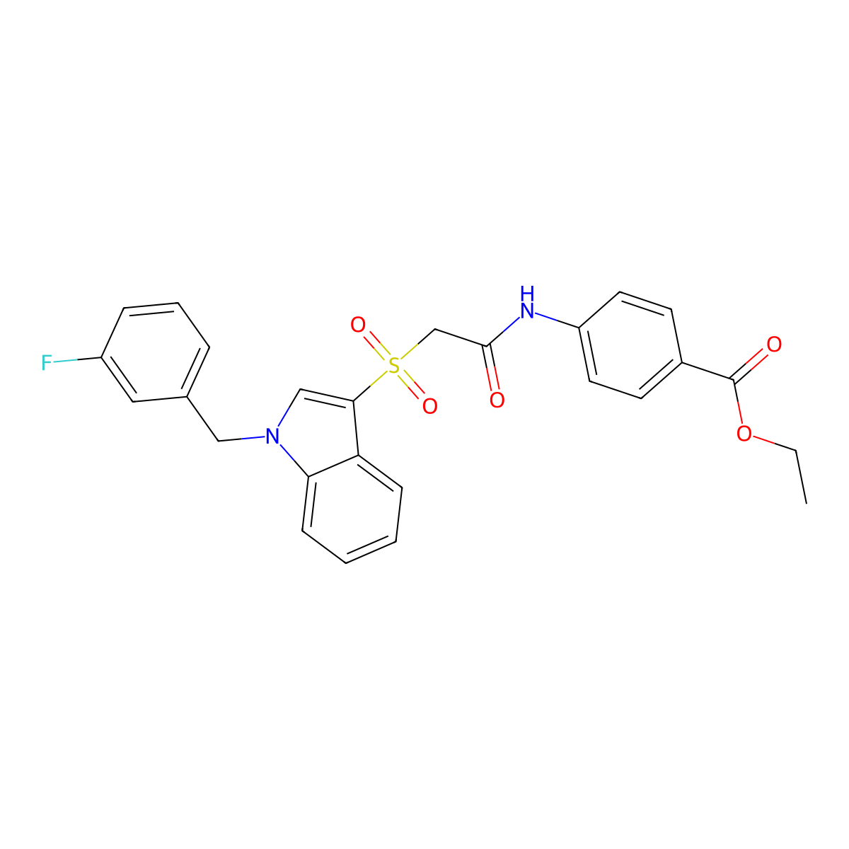 Ethyl 4-[[2-[1-[(3-fluorophenyl)methyl]indol-3-yl]sulfonylacetyl]amino]benzoate molecular structure, CAS 686743-90-8