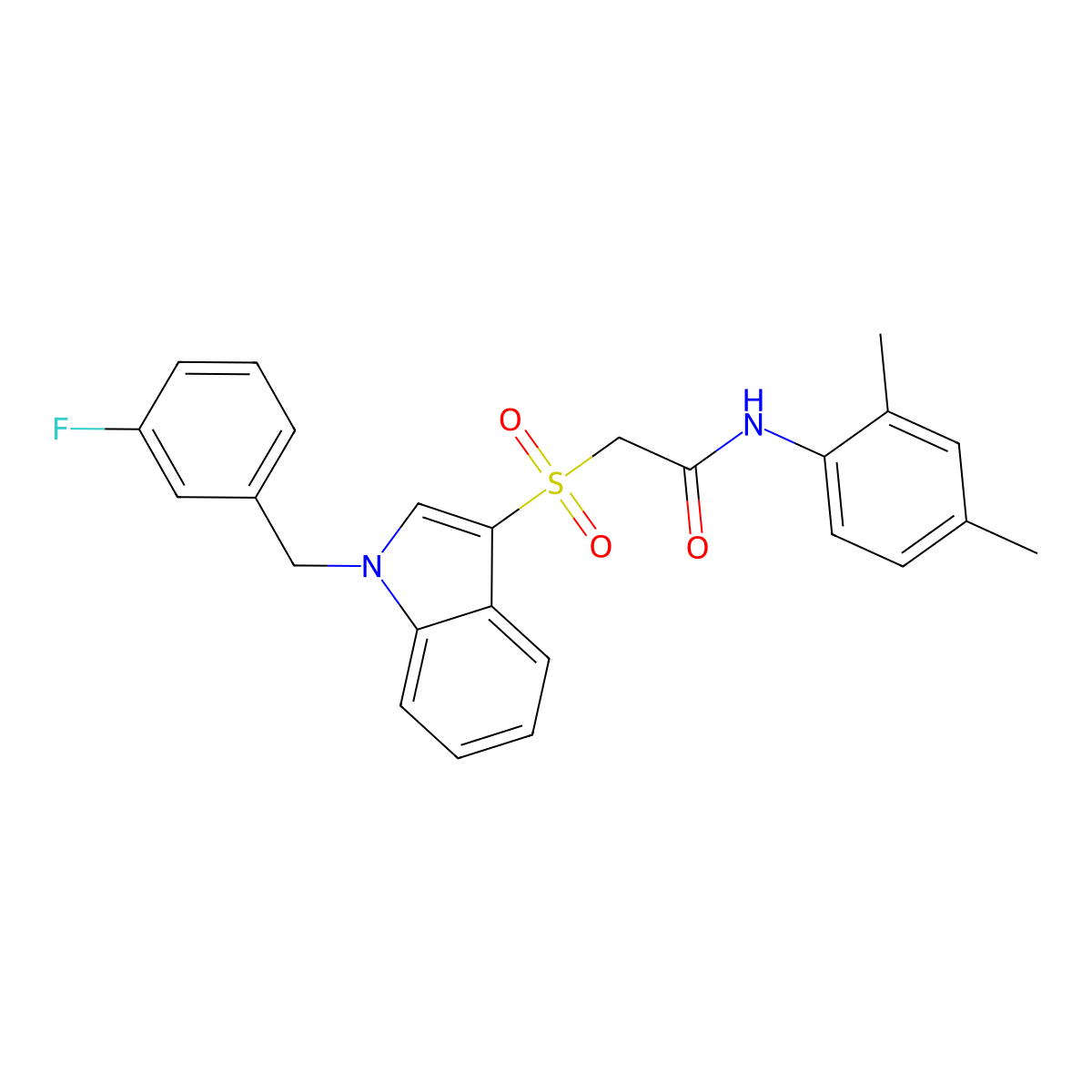 N-(2,4-dimethylphenyl)-2-[1-[(3-fluorophenyl)methyl]indol-3-yl]sulfonylacetamide molecular structure, CAS 686743-96-4