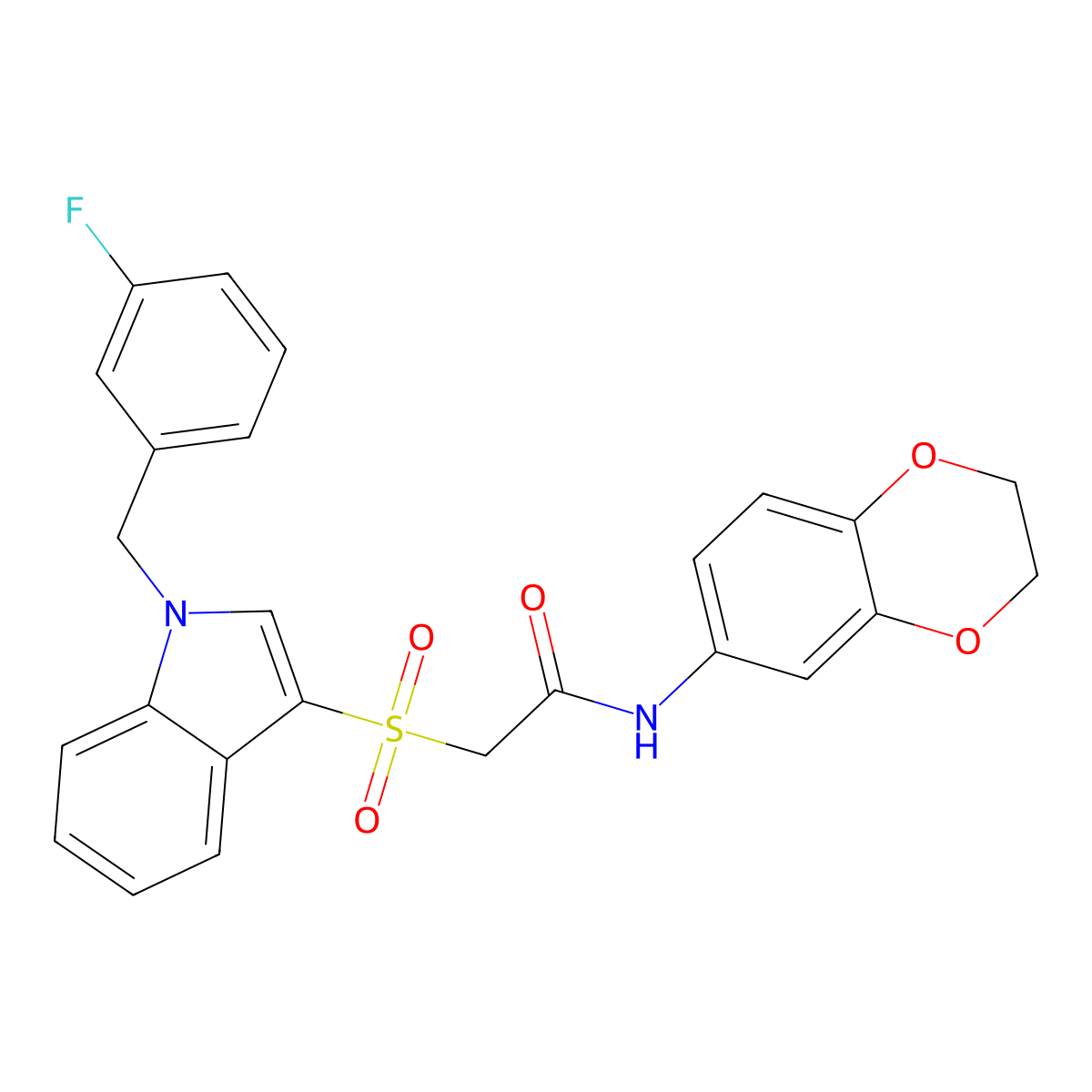N-(2,3-dihydrobenzo[b][1,4]dioxin-6-yl)-2-((1-(3-fluorobenzyl)-1H-indol-3-yl)sulfonyl)acetamide molecular structure, CAS 686743-97-5