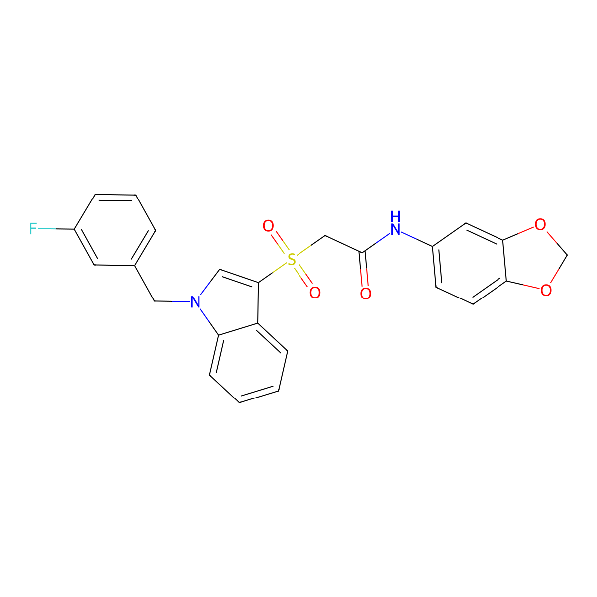 N-(1,3-benzodioxol-5-yl)-2-[1-[(3-fluorophenyl)methyl]indol-3-yl]sulfonylacetamide molecular structure, CAS 686743-98-6