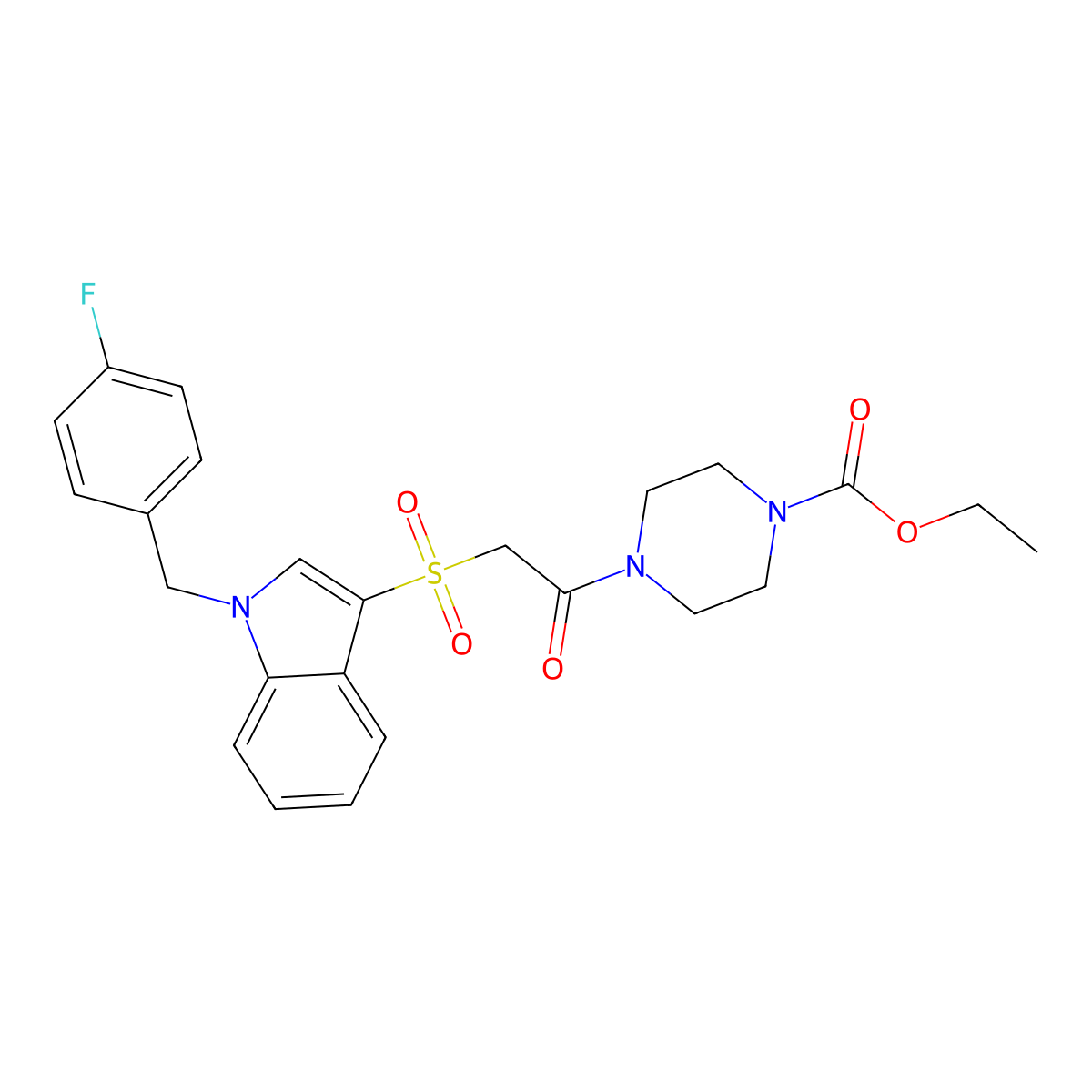 Ethyl 4-[2-[1-[(4-fluorophenyl)methyl]indol-3-yl]sulfonylacetyl]piperazine-1-carboxylate molecular structure, CAS 686744-03-6
