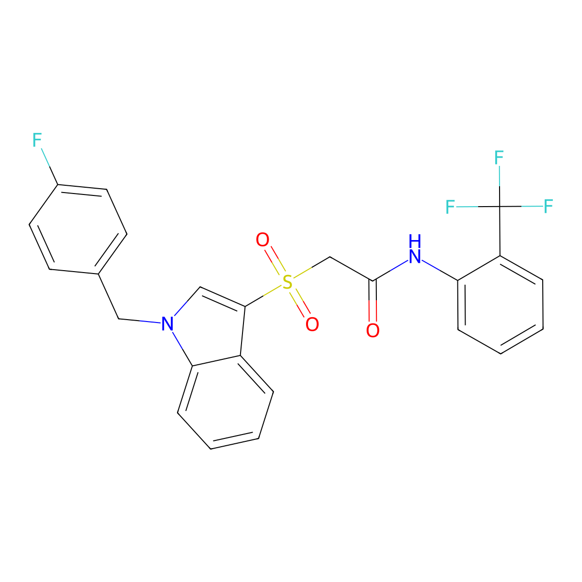 2-[1-[(4-fluorophenyl)methyl]indol-3-yl]sulfonyl-N-[2-(trifluoromethyl)phenyl]acetamide molecular structure, CAS 686744-05-8
