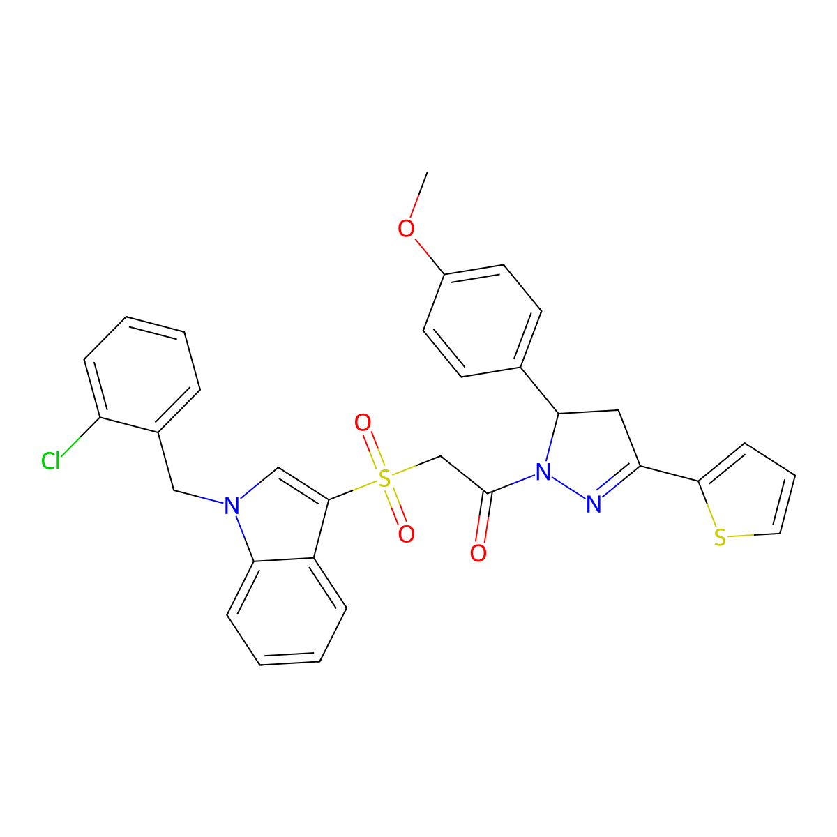 2-((1-(2-chlorobenzyl)-1H-indol-3-yl)sulfonyl)-1-(5-(4-methoxyphenyl)-3-(thiophen-2-yl)-4,5-dihydro-1H-pyrazol-1-yl)ethanone molecular structure, CAS 686749-13-3