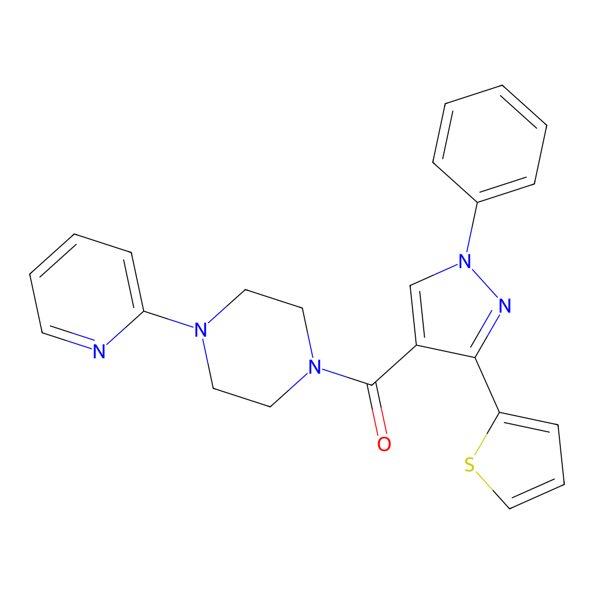 (1-Phenyl-3-(thiophen-2-yl)-1H-pyrazol-4-yl)(4-(pyridin-2-yl)piperazin-1-yl)methanone molecular structure, CAS 686769-90-4