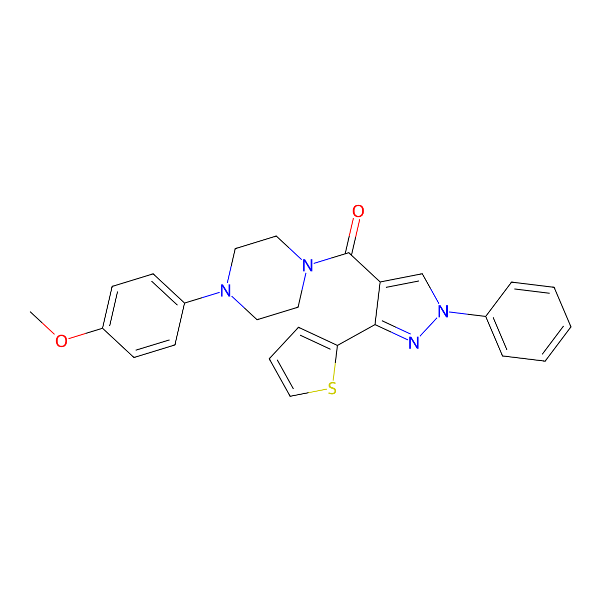 1-(4-methoxyphenyl)-4-[1-phenyl-3-(thiophen-2-yl)-1H-pyrazole-4-carbonyl]piperazine molecular structure, CAS 686769-92-6
