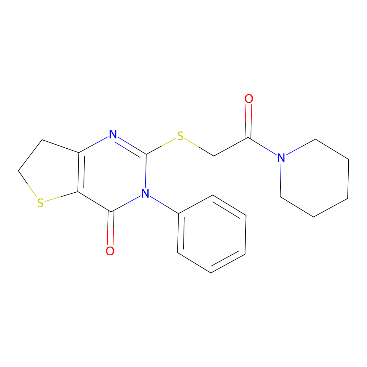 2-((2-oxo-2-(piperidin-1-yl)ethyl)thio)-3-phenyl-6,7-dihydrothieno[3,2-d]pyrimidin-4(3H)-one molecular structure, CAS 686770-02-5