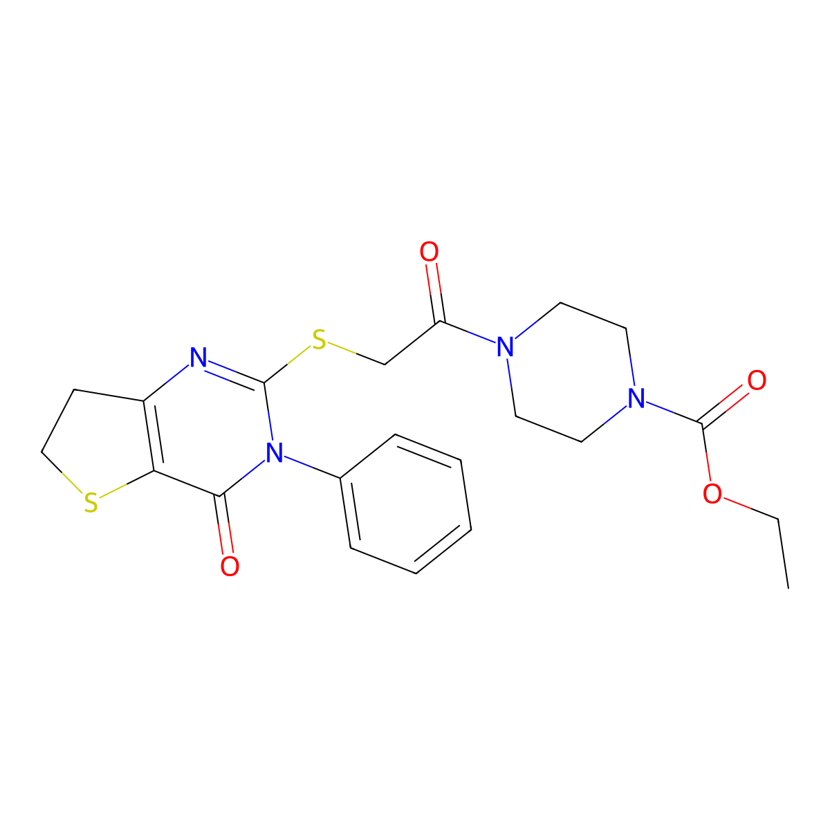 Ethyl 4-(2-((4-oxo-3-phenyl-3,4,6,7-tetrahydrothieno[3,2-d]pyrimidin-2-yl)thio)acetyl)piperazine-1-carboxylate molecular structure, CAS 686770-12-7