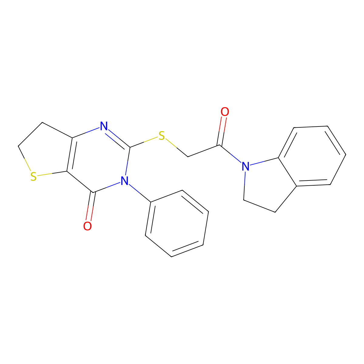 2-((2-(indolin-1-yl)-2-oxoethyl)thio)-3-phenyl-6,7-dihydrothieno[3,2-d]pyrimidin-4(3H)-one molecular structure, CAS 686770-16-1