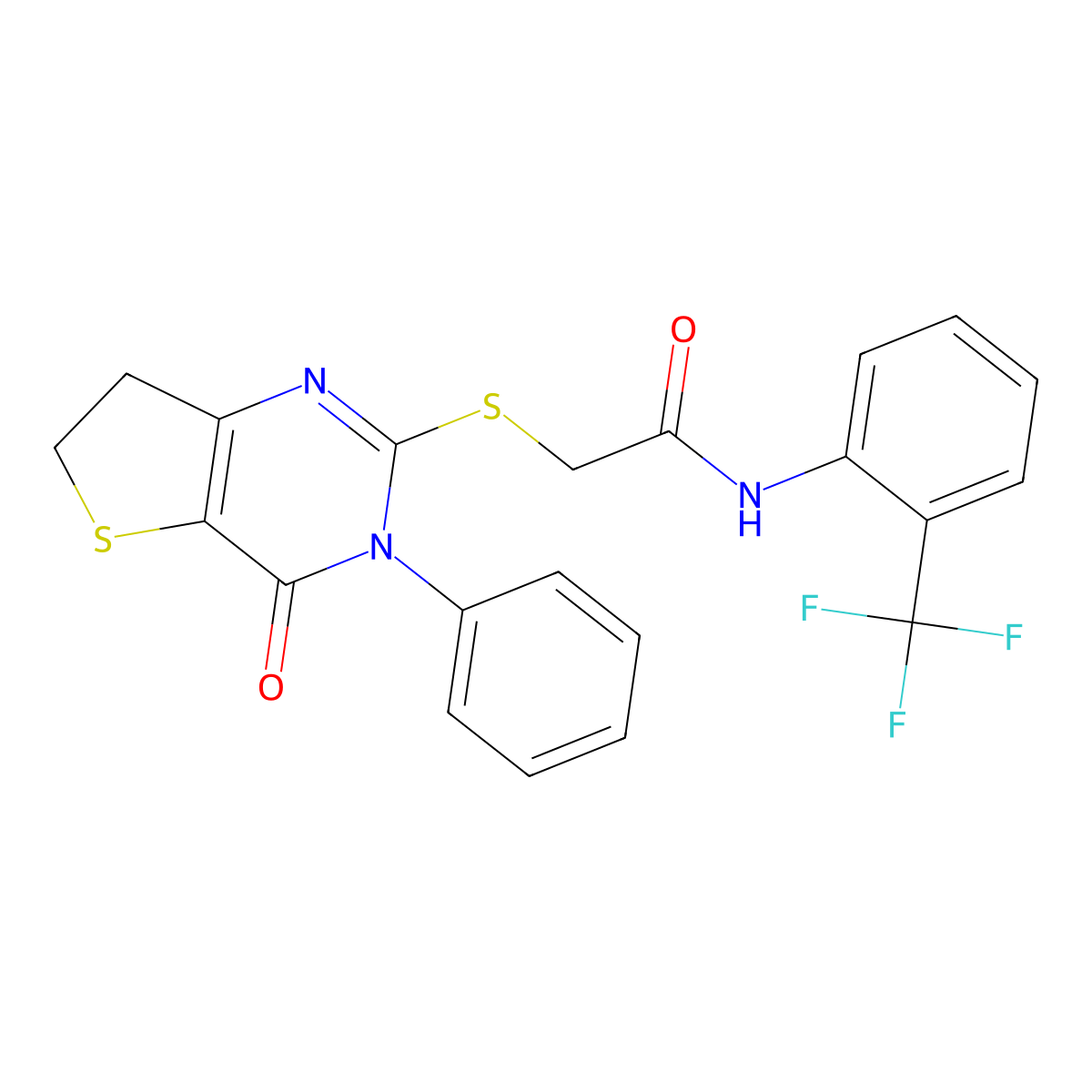 2-((4-oxo-3-phenyl-3,4,6,7-tetrahydrothieno[3,2-d]pyrimidin-2-yl)thio)-N-(2-(trifluoromethyl)phenyl)acetamide molecular structure, CAS 686770-20-7