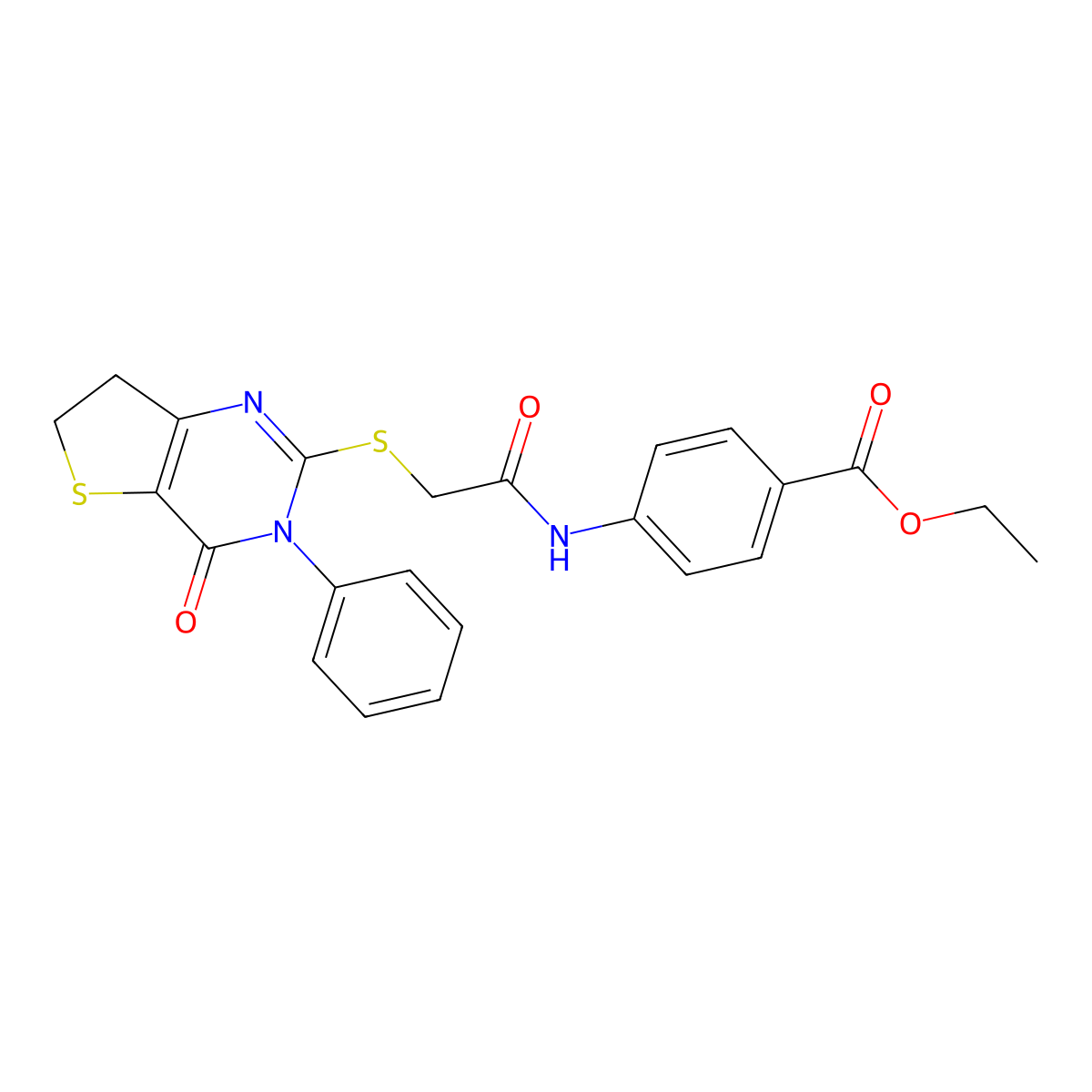 Ethyl 4-[[2-[(4-oxo-3-phenyl-6,7-dihydrothieno[3,2-d]pyrimidin-2-yl)sulfanyl]acetyl]amino]benzoate molecular structure, CAS 686770-24-1