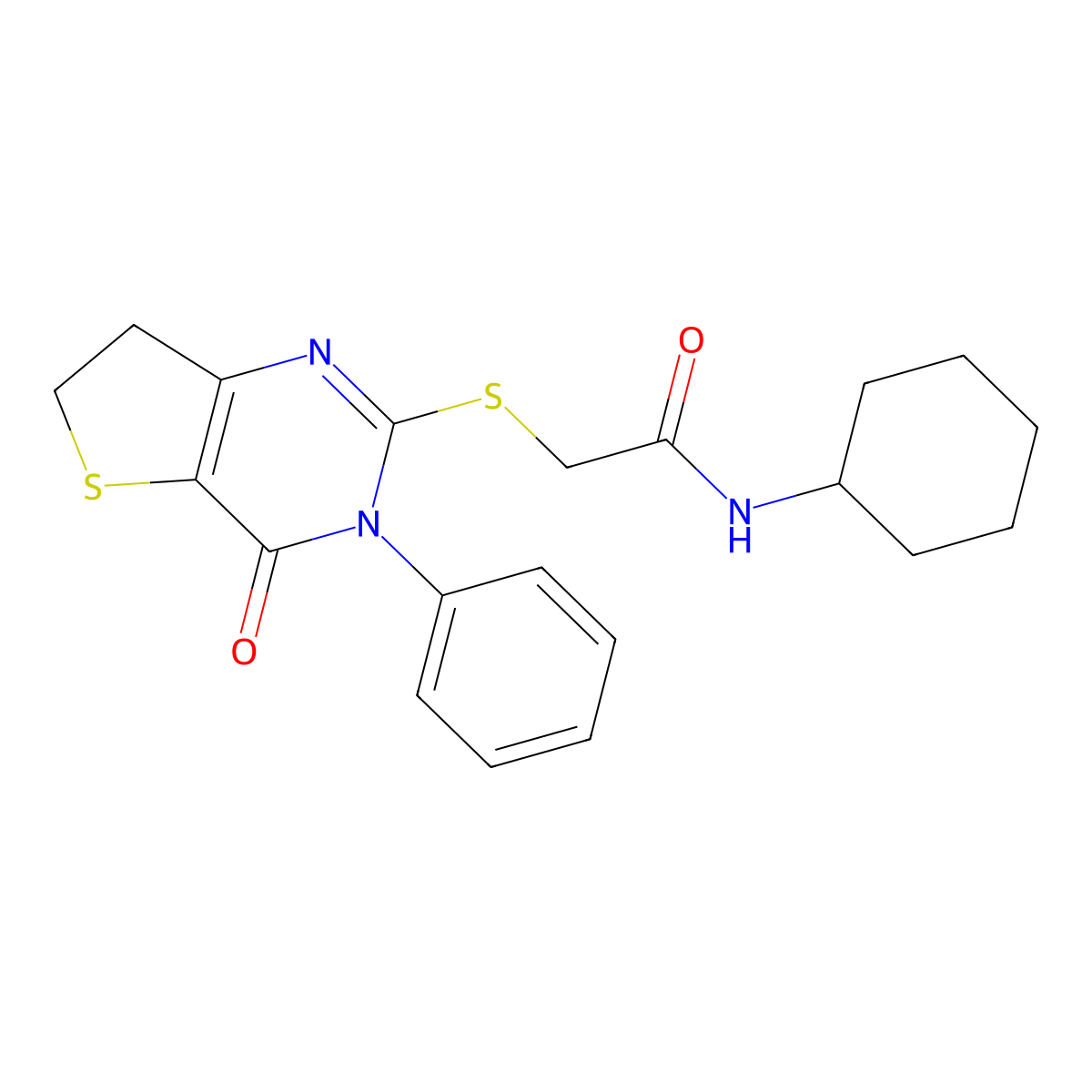 N-cyclohexyl-2-((4-oxo-3-phenyl-3,4,6,7-tetrahydrothieno[3,2-d]pyrimidin-2-yl)thio)acetamide molecular structure, CAS 686770-47-8