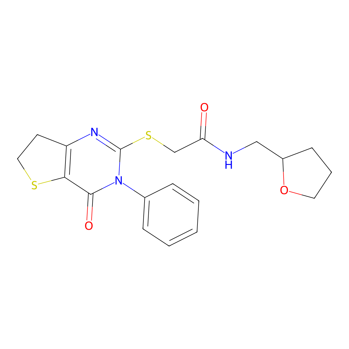 2-((4-oxo-3-phenyl-3,4,6,7-tetrahydrothieno[3,2-d]pyrimidin-2-yl)thio)-N-((tetrahydrofuran-2-yl)methyl)acetamide molecular structure, CAS 686770-59-2