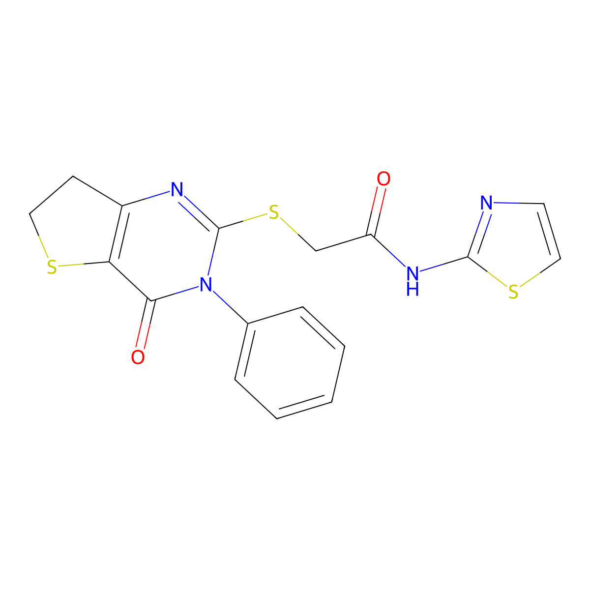 2-((4-oxo-3-phenyl-3,4,6,7-tetrahydrothieno[3,2-d]pyrimidin-2-yl)thio)-N-(thiazol-2-yl)acetamide molecular structure, CAS 686770-62-7