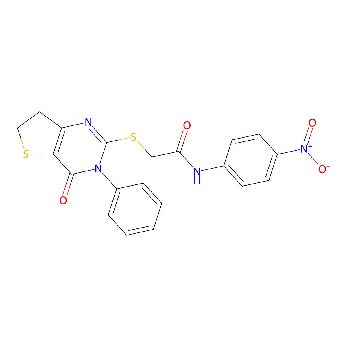 N-(4-nitrophenyl)-2-[(4-oxo-3-phenyl-6,7-dihydrothieno[3,2-d]pyrimidin-2-yl)sulfanyl]acetamide molecular structure, CAS 686770-65-0