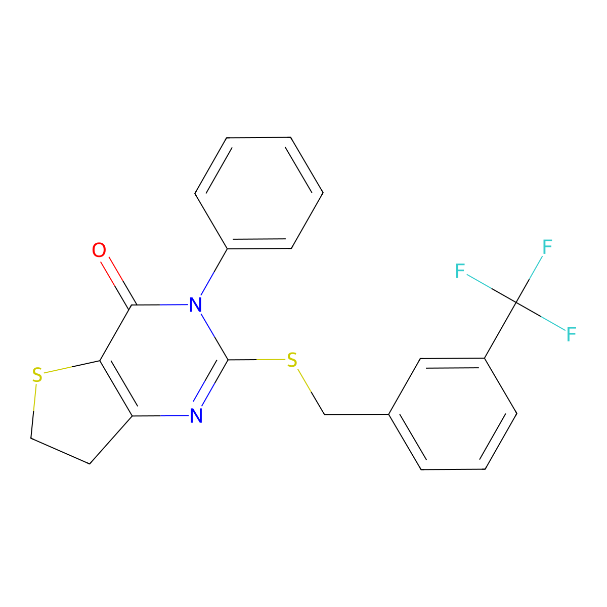 3-Phenyl-2-[[3-(trifluoromethyl)phenyl]methylsulfanyl]-6,7-dihydrothieno[3,2-d]pyrimidin-4-one molecular structure, CAS 686770-93-4
