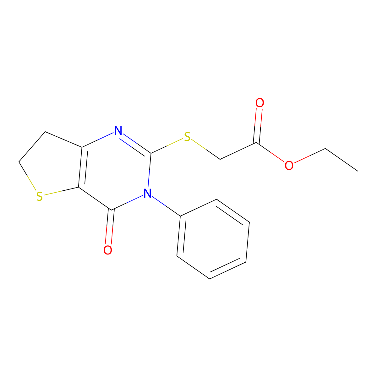 Ethyl 2-[(4-oxo-3-phenyl-6,7-dihydrothieno[3,2-d]pyrimidin-2-yl)sulfanyl]acetate molecular structure, CAS 686770-97-8