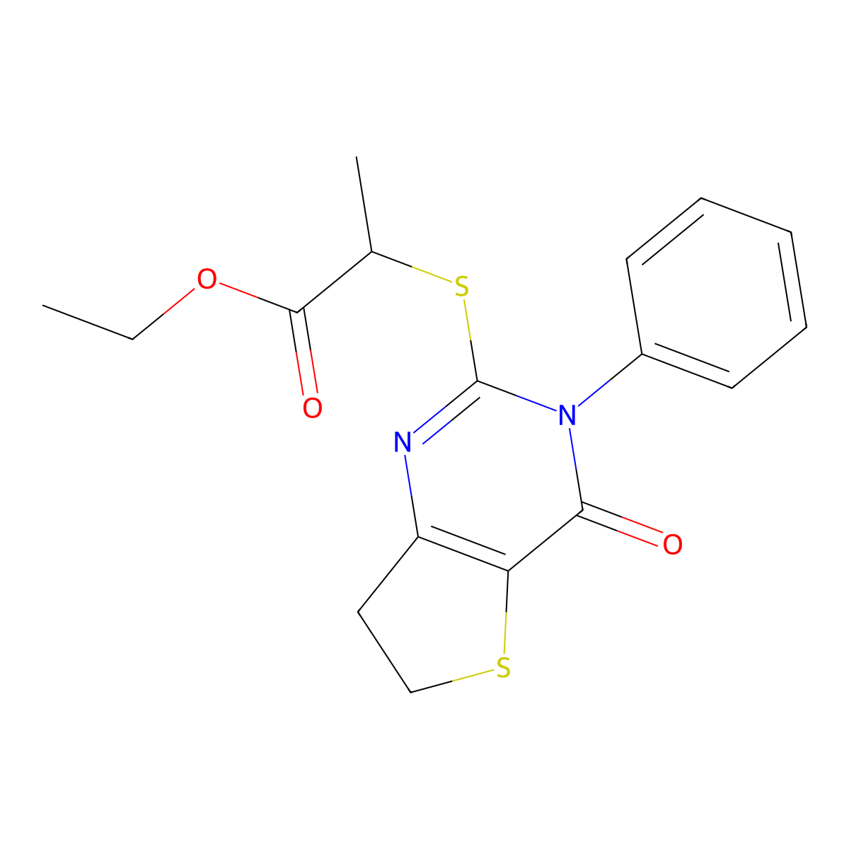 Ethyl 2-((4-oxo-3-phenyl-3,4,6,7-tetrahydrothieno[3,2-d]pyrimidin-2-yl)thio)propanoate molecular structure, CAS 686770-98-9