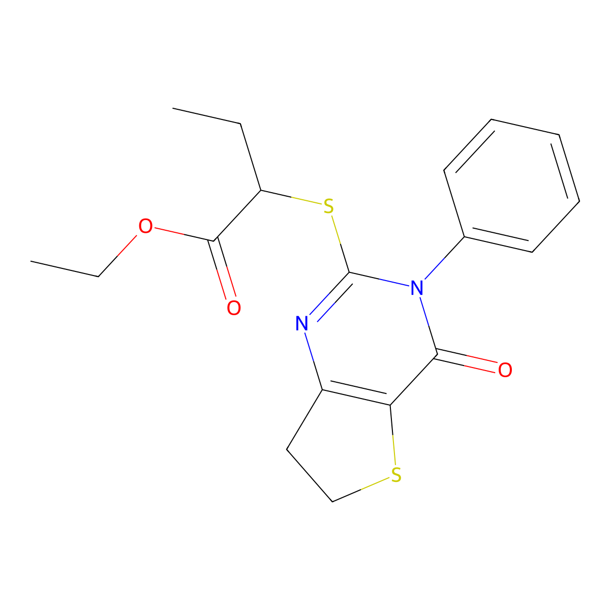 Ethyl 2-[(4-oxo-3-phenyl-6,7-dihydrothieno[3,2-d]pyrimidin-2-yl)sulfanyl]butanoate molecular structure, CAS 686770-99-0