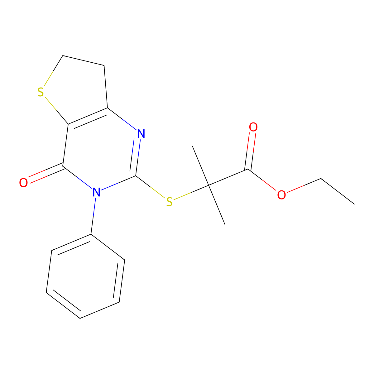 Ethyl 2-methyl-2-((4-oxo-3-phenyl-3,4,6,7-tetrahydrothieno[3,2-d]pyrimidin-2-yl)thio)propanoate molecular structure, CAS 686771-00-6