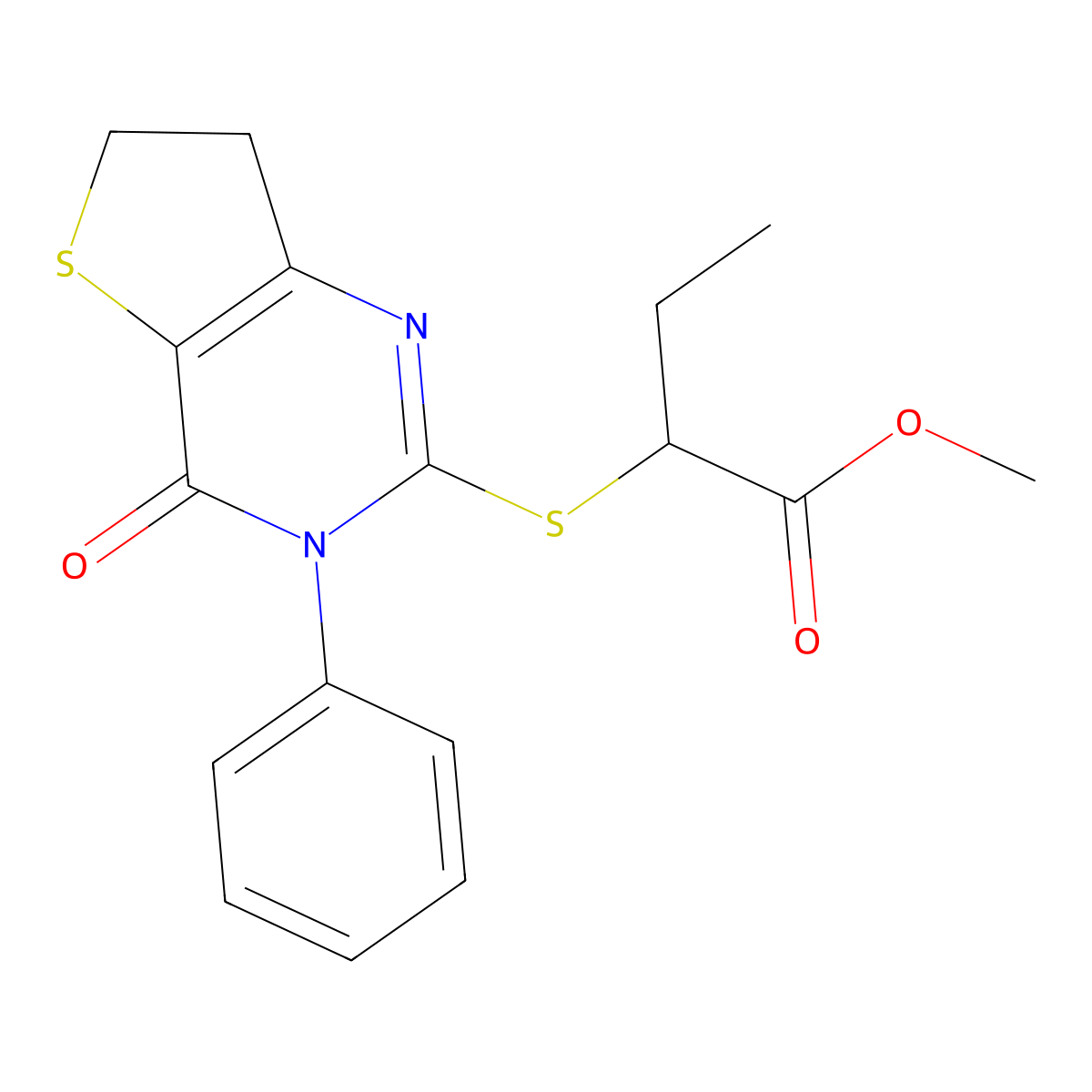 Methyl 2-[(4-oxo-3-phenyl-6,7-dihydrothieno[3,2-d]pyrimidin-2-yl)sulfanyl]butanoate molecular structure, CAS 686771-01-7