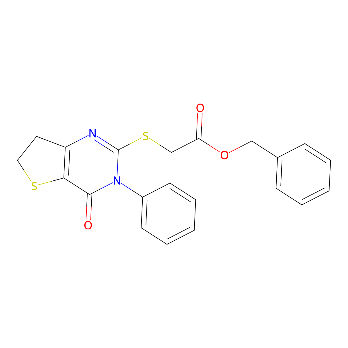 Benzyl 2-((4-oxo-3-phenyl-3,4,6,7-tetrahydrothieno[3,2-d]pyrimidin-2-yl)thio)acetate molecular structure, CAS 686771-03-9