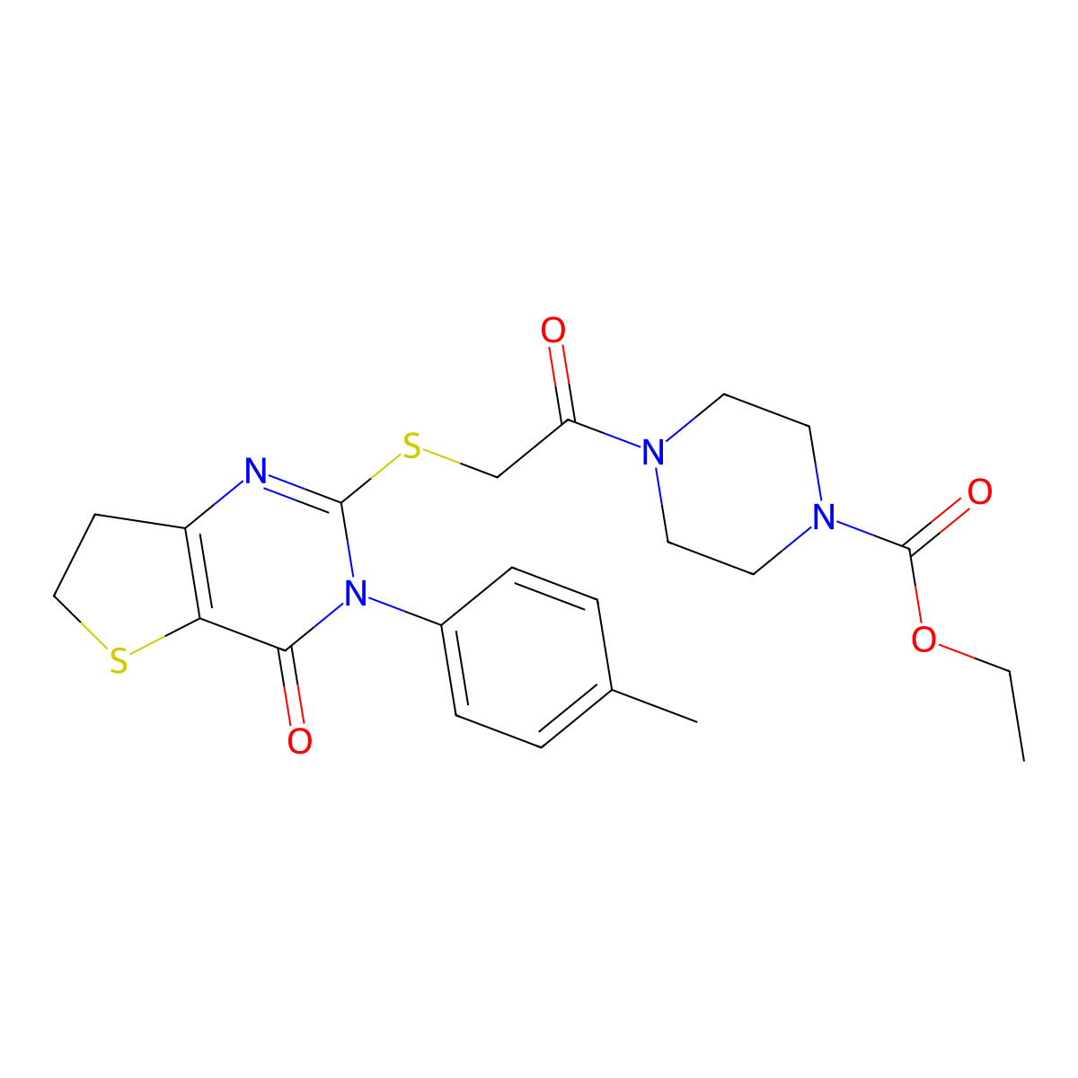 Ethyl 4-[2-[[3-(4-methylphenyl)-4-oxo-6,7-dihydrothieno[3,2-d]pyrimidin-2-yl]sulfanyl]acetyl]piperazine-1-carboxylate molecular structure, CAS 686771-23-3