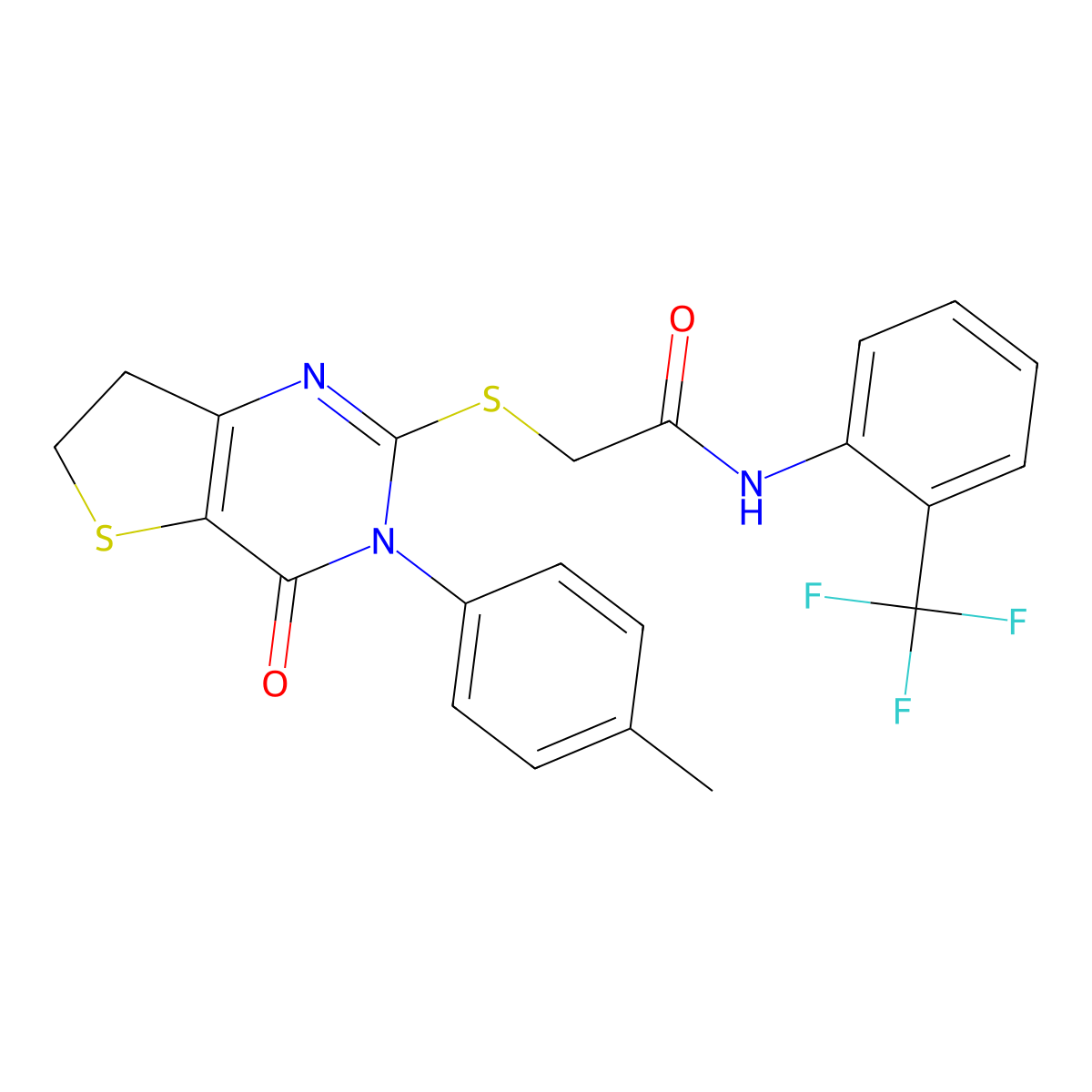 2-((4-oxo-3-(p-tolyl)-3,4,6,7-tetrahydrothieno[3,2-d]pyrimidin-2-yl)thio)-N-(2-(trifluoromethyl)phenyl)acetamide molecular structure, CAS 686771-29-9