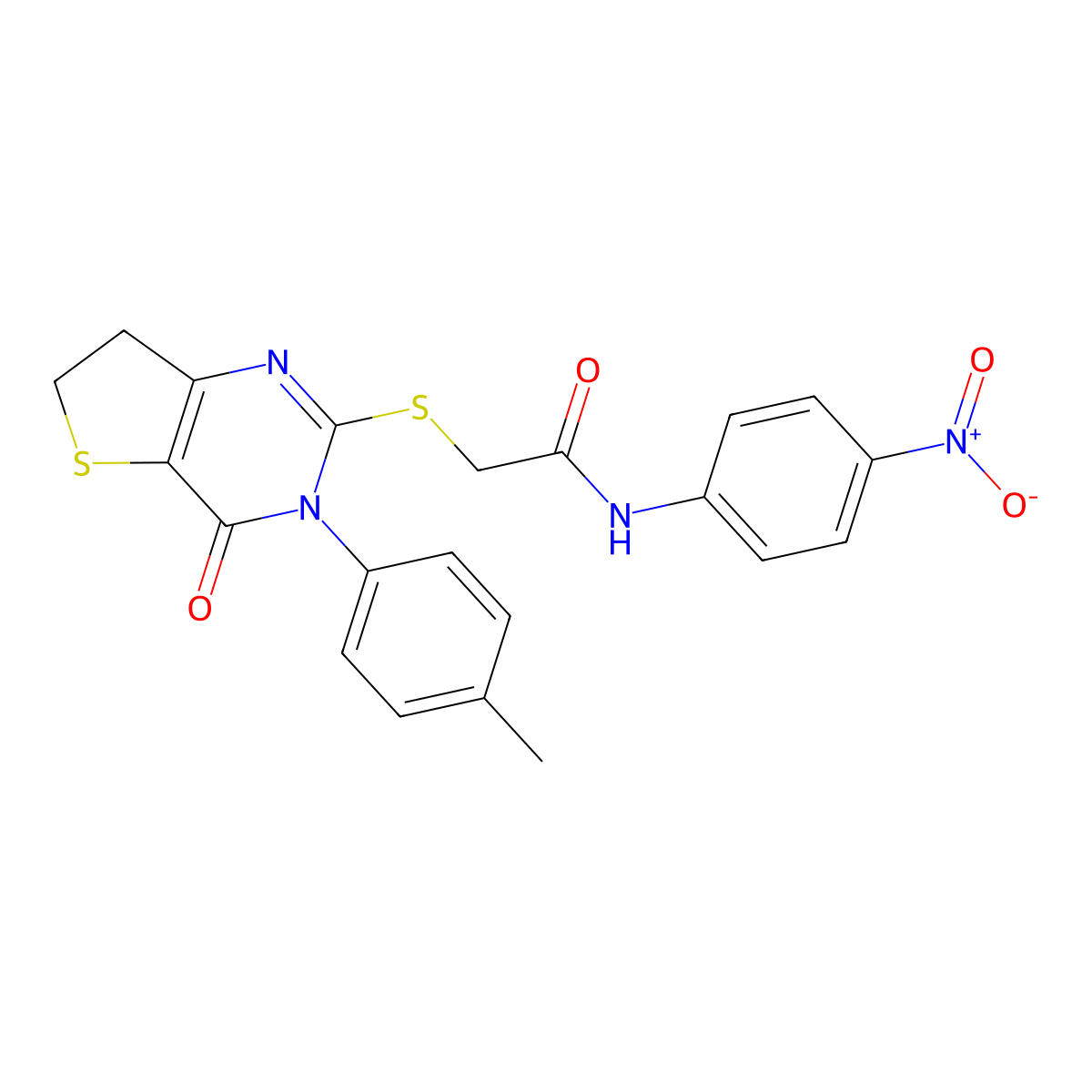 N-(4-nitrophenyl)-2-((4-oxo-3-(p-tolyl)-3,4,6,7-tetrahydrothieno[3,2-d]pyrimidin-2-yl)thio)acetamide molecular structure, CAS 686771-53-9