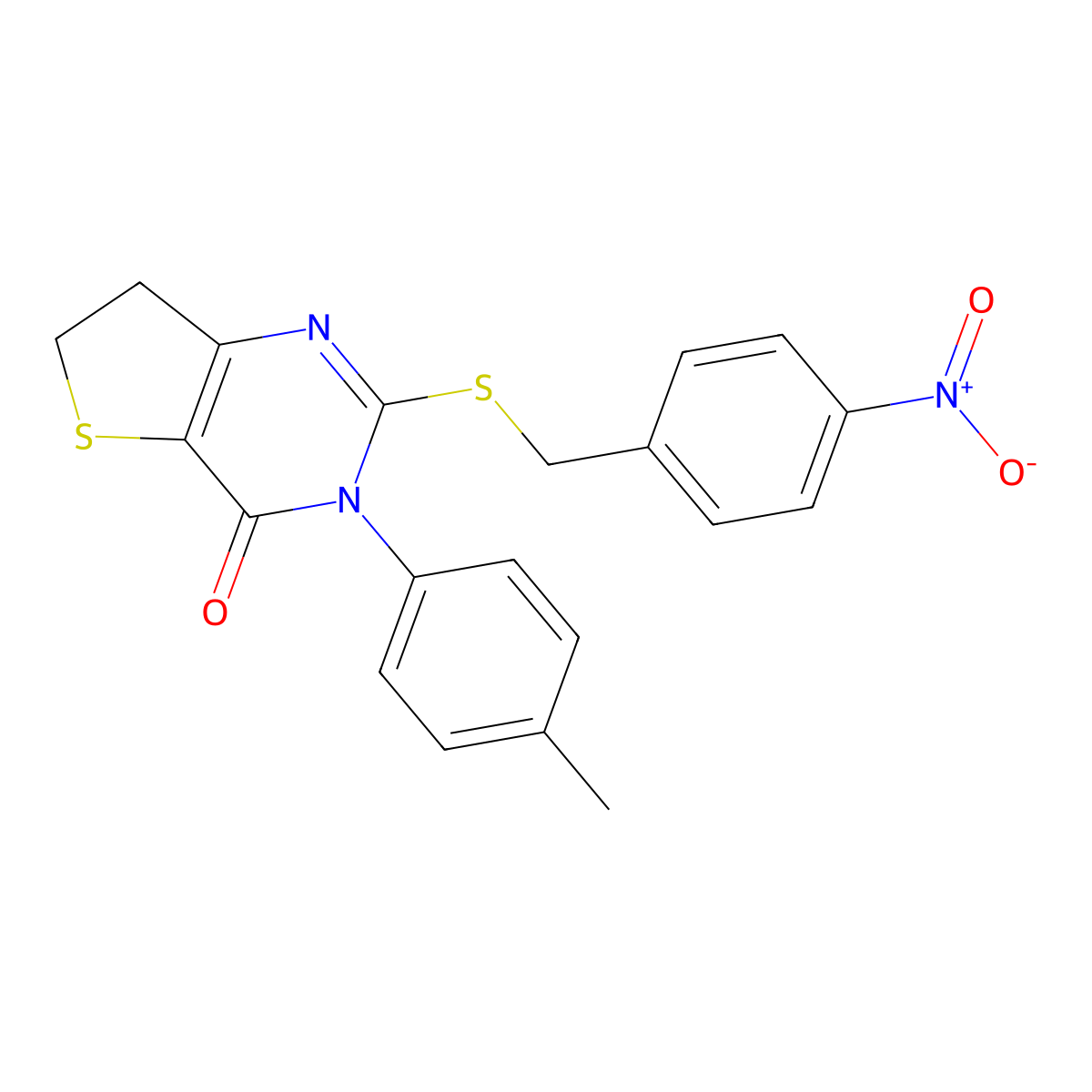2-((4-nitrobenzyl)thio)-3-(p-tolyl)-6,7-dihydrothieno[3,2-d]pyrimidin-4(3H)-one molecular structure, CAS 686771-73-3