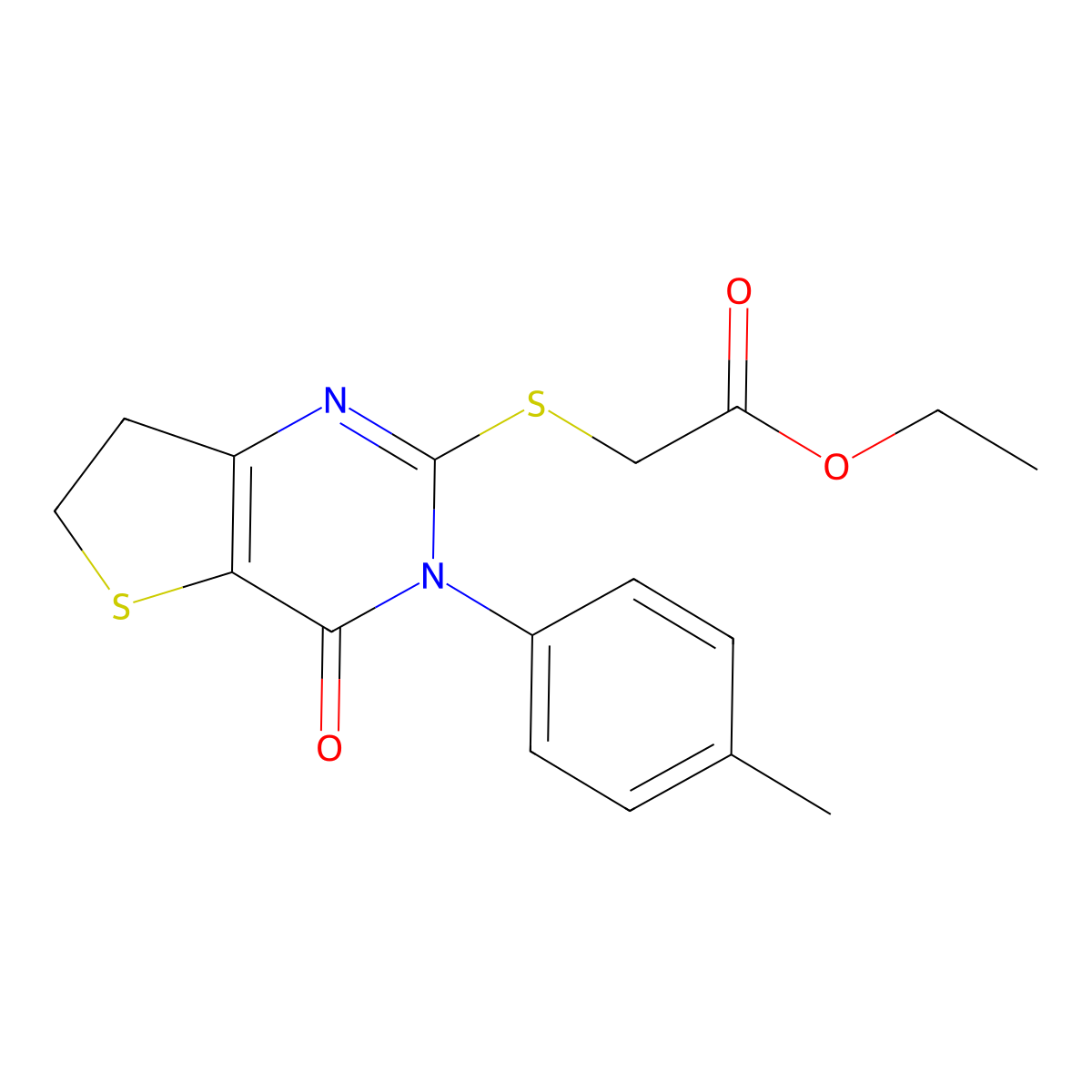 Ethyl 2-((4-oxo-3-(p-tolyl)-3,4,6,7-tetrahydrothieno[3,2-d]pyrimidin-2-yl)thio)acetate molecular structure, CAS 686771-82-4