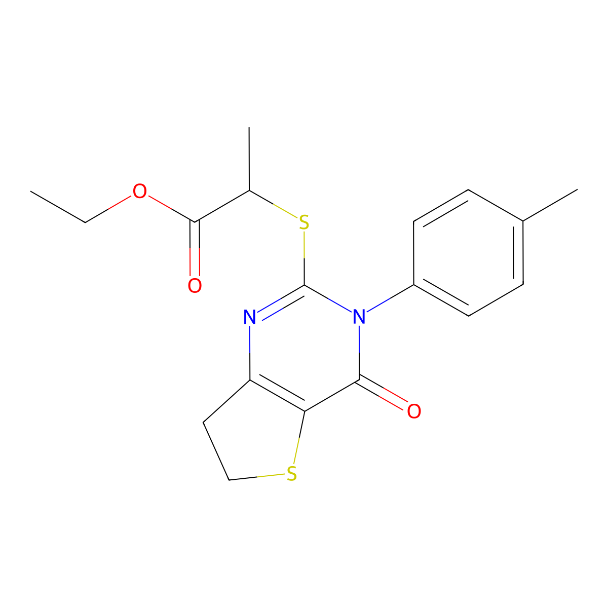 Ethyl 2-((4-oxo-3-(p-tolyl)-3,4,6,7-tetrahydrothieno[3,2-d]pyrimidin-2-yl)thio)propanoate molecular structure, CAS 686771-83-5