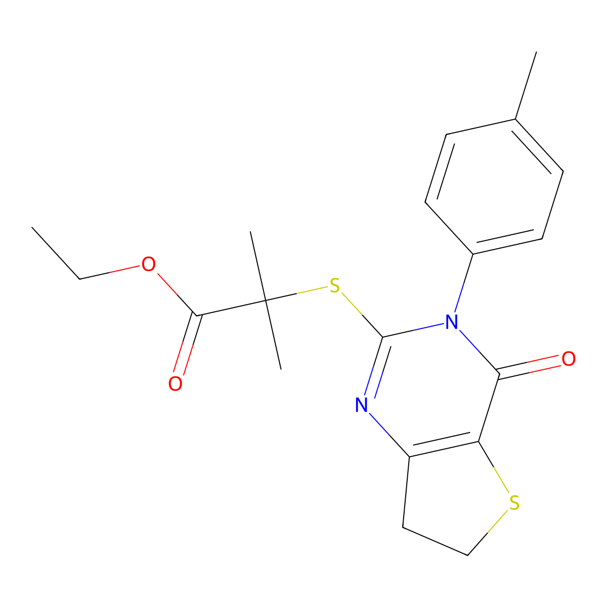 Ethyl 2-methyl-2-((4-oxo-3-(p-tolyl)-3,4,6,7-tetrahydrothieno[3,2-d]pyrimidin-2-yl)thio)propanoate molecular structure, CAS 686771-85-7