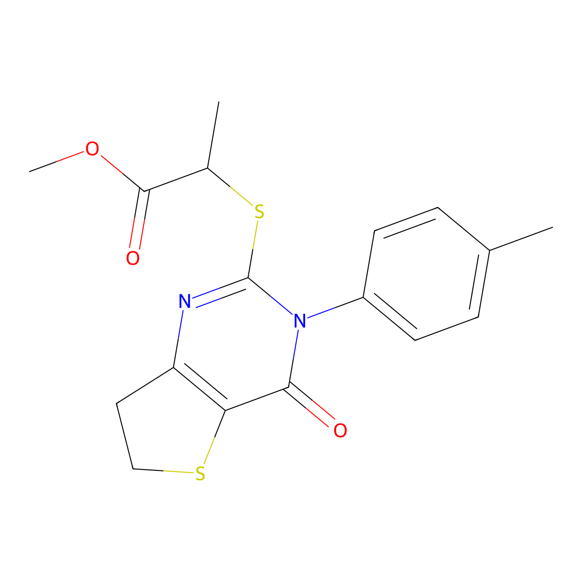 Methyl 2-((4-oxo-3-(p-tolyl)-3,4,6,7-tetrahydrothieno[3,2-d]pyrimidin-2-yl)thio)propanoate molecular structure, CAS 686771-87-9