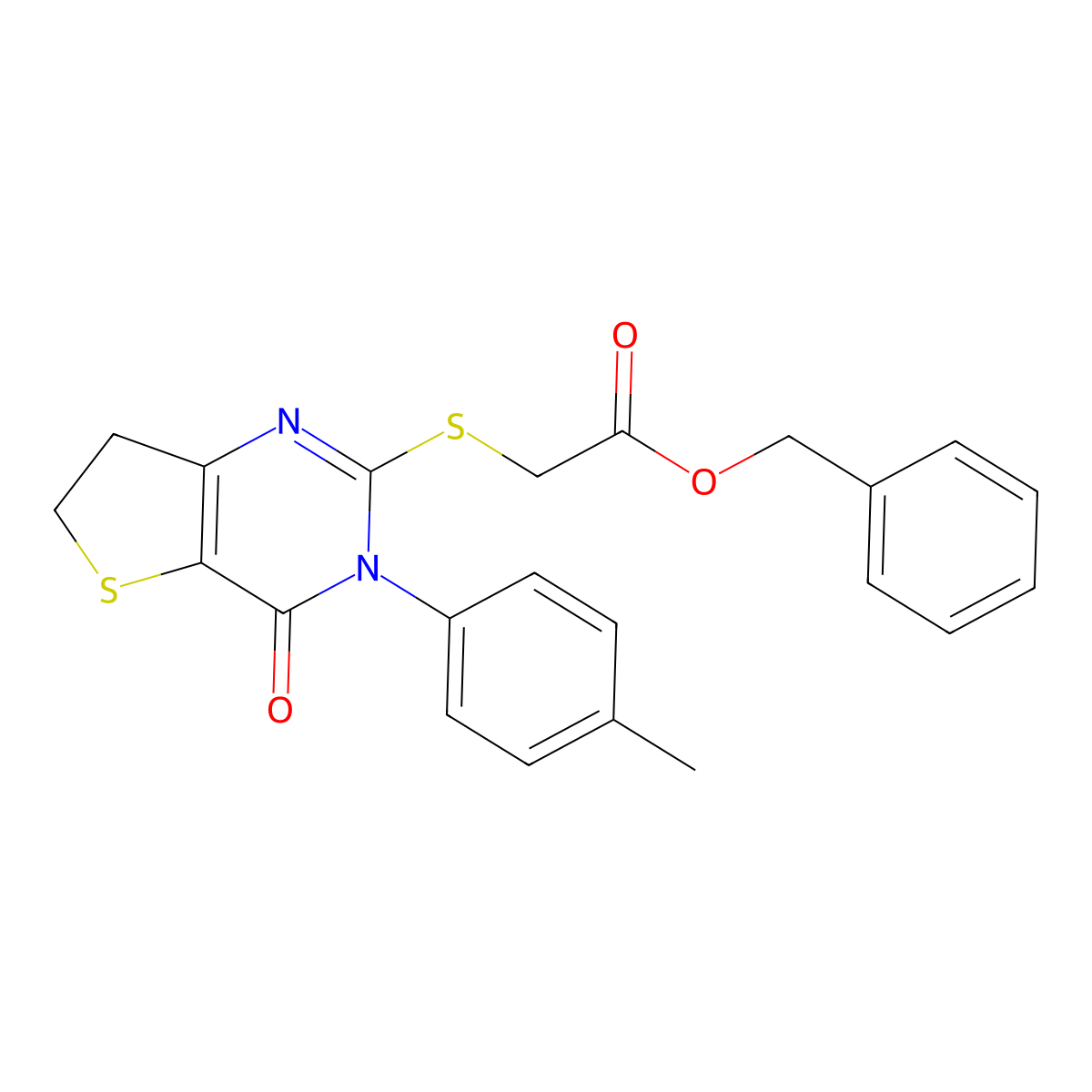 Benzyl 2-[[3-(4-methylphenyl)-4-oxo-6,7-dihydrothieno[3,2-d]pyrimidin-2-yl]sulfanyl]acetate molecular structure, CAS 686771-88-0