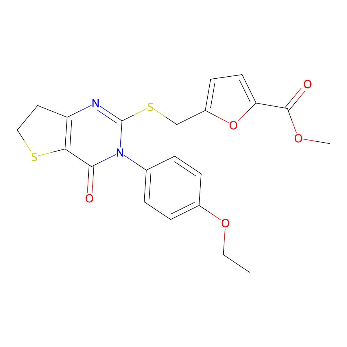 Methyl 5-(((3-(4-ethoxyphenyl)-4-oxo-3,4,6,7-tetrahydrothieno[3,2-d]pyrimidin-2-yl)thio)methyl)furan-2-carboxylate molecular structure, CAS 686772-74-7