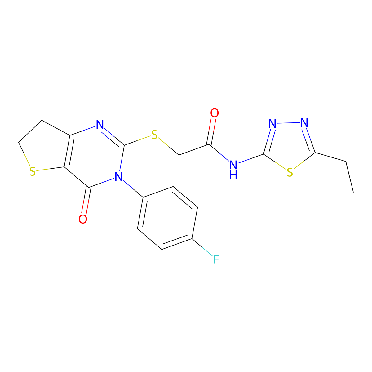 N-(5-ethyl-1,3,4-thiadiazol-2-yl)-2-((3-(4-fluorophenyl)-4-oxo-3,4,6,7-tetrahydrothieno[3,2-d]pyrimidin-2-yl)thio)acetamide molecular structure, CAS 686773-04-6
