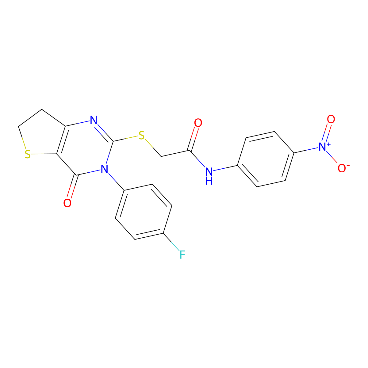 2-((3-(4-fluorophenyl)-4-oxo-3,4,6,7-tetrahydrothieno[3,2-d]pyrimidin-2-yl)thio)-N-(4-nitrophenyl)acetamide molecular structure, CAS 687561-63-3