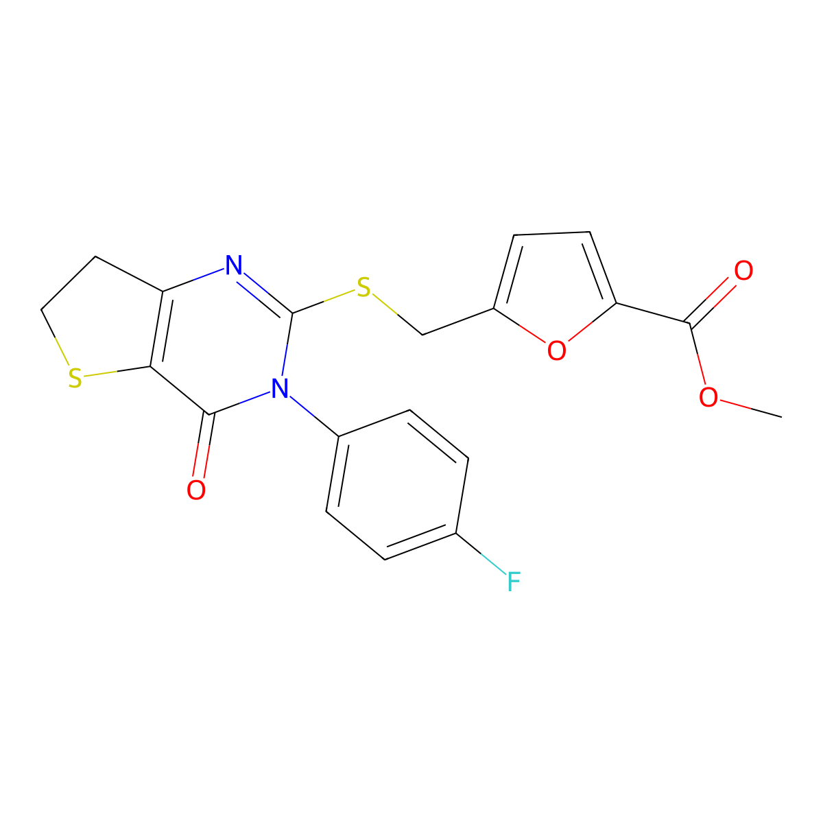 Methyl 5-[[3-(4-fluorophenyl)-4-oxo-6,7-dihydrothieno[3,2-d]pyrimidin-2-yl]sulfanylmethyl]furan-2-carboxylate molecular structure, CAS 687562-41-0