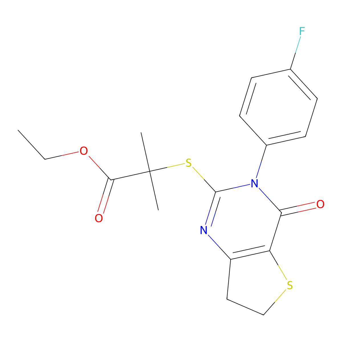 Ethyl 2-((3-(4-fluorophenyl)-4-oxo-3,4,6,7-tetrahydrothieno[3,2-d]pyrimidin-2-yl)thio)-2-methylpropanoate molecular structure, CAS 687562-50-1