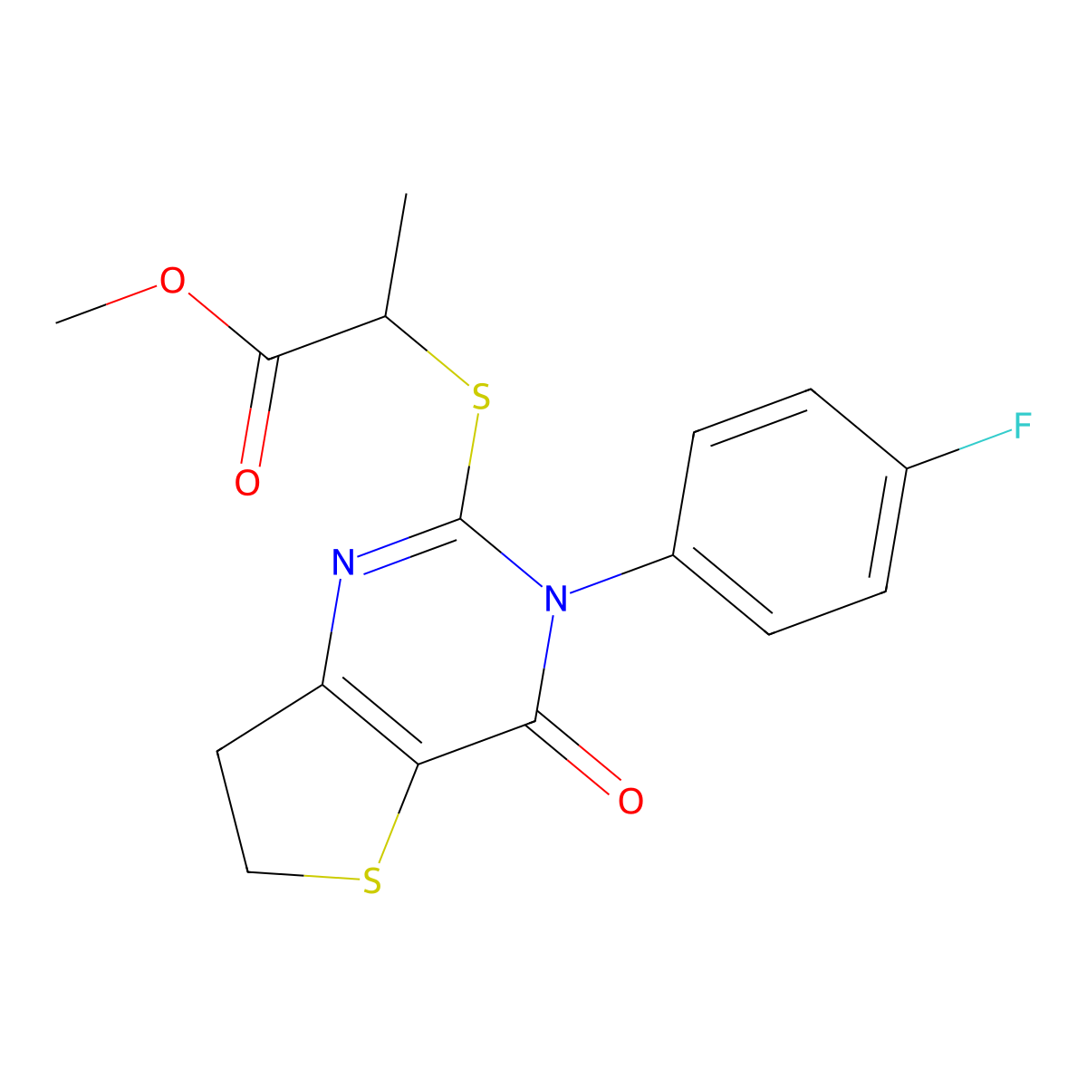 Methyl 2-((3-(4-fluorophenyl)-4-oxo-3,4,6,7-tetrahydrothieno[3,2-d]pyrimidin-2-yl)thio)propanoate molecular structure, CAS 687562-56-7