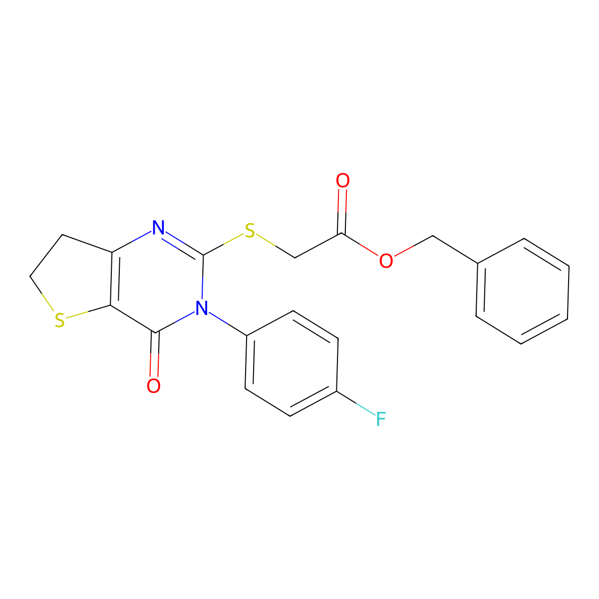 Benzyl 2-[[3-(4-fluorophenyl)-4-oxo-6,7-dihydrothieno[3,2-d]pyrimidin-2-yl]sulfanyl]acetate molecular structure, CAS 687562-59-0