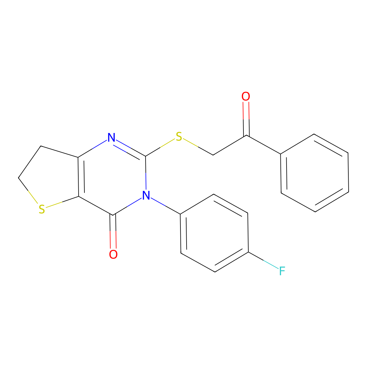 3-(4-Fluorophenyl)-2-phenacylsulfanyl-6,7-dihydrothieno[3,2-d]pyrimidin-4-one molecular structure, CAS 687562-62-5