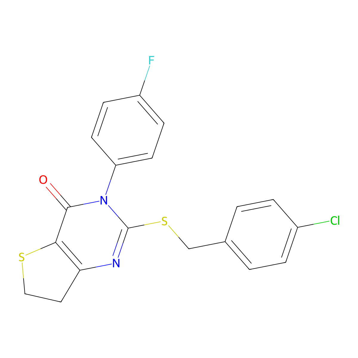 2-[(4-Chlorophenyl)methylsulfanyl]-3-(4-fluorophenyl)-6,7-dihydrothieno[3,2-d]pyrimidin-4-one molecular structure, CAS 687562-83-0