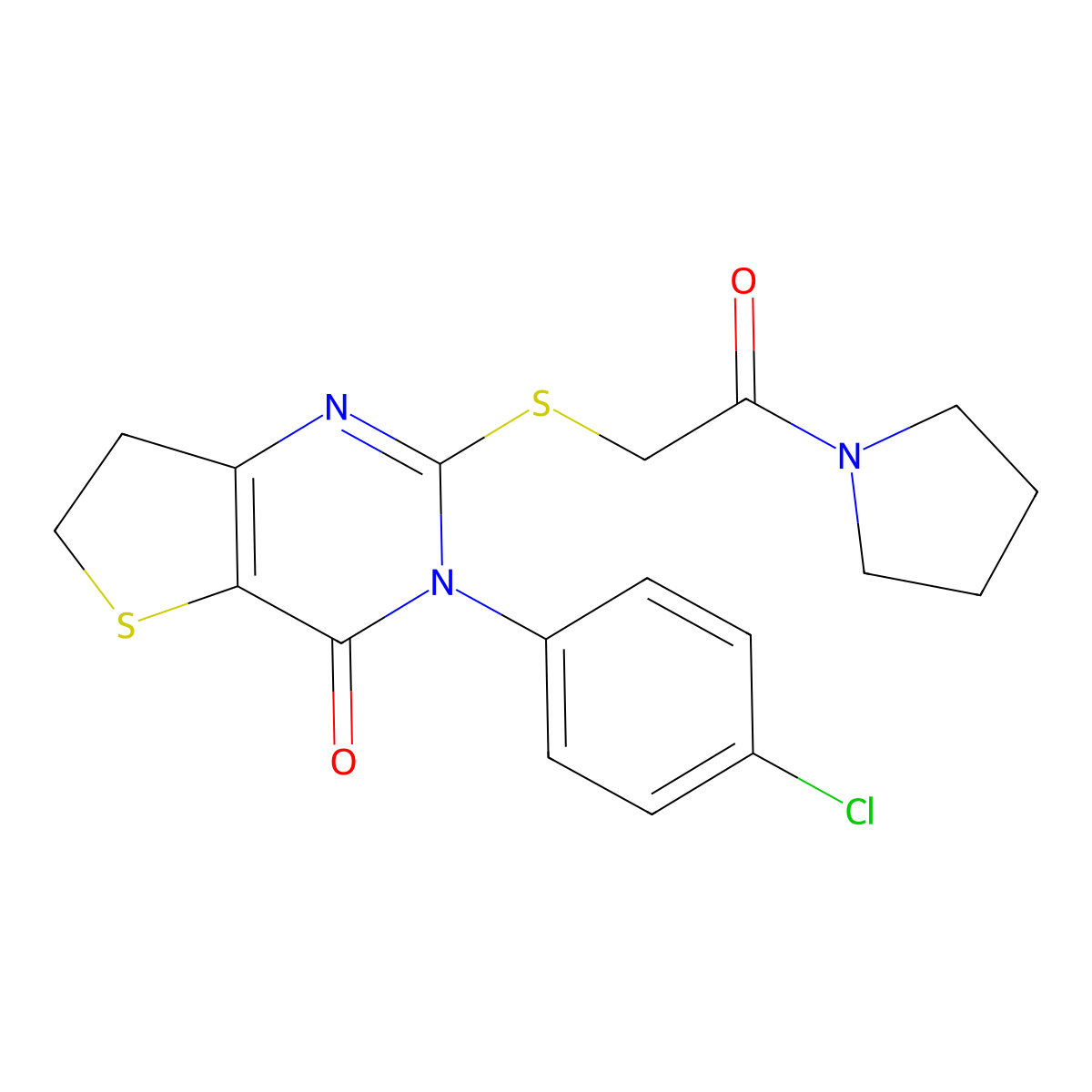 3-(4-chlorophenyl)-2-((2-oxo-2-(pyrrolidin-1-yl)ethyl)thio)-6,7-dihydrothieno[3,2-d]pyrimidin-4(3H)-one molecular structure, CAS 687562-98-7