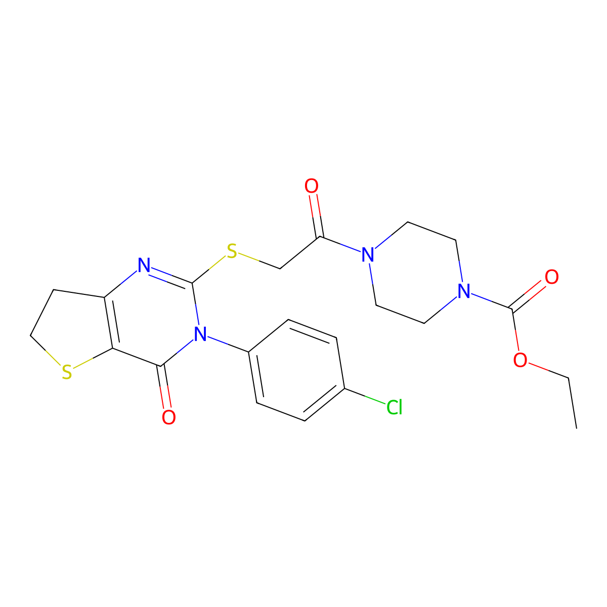 Ethyl 4-(2-((3-(4-chlorophenyl)-4-oxo-3,4,6,7-tetrahydrothieno[3,2-d]pyrimidin-2-yl)thio)acetyl)piperazine-1-carboxylate molecular structure, CAS 687563-13-9