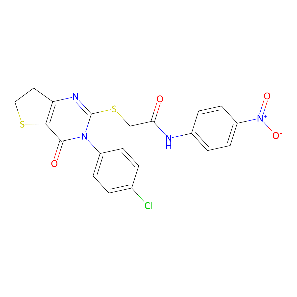 2-((3-(4-chlorophenyl)-4-oxo-3,4,6,7-tetrahydrothieno[3,2-d]pyrimidin-2-yl)thio)-N-(4-nitrophenyl)acetamide molecular structure, CAS 687564-00-7