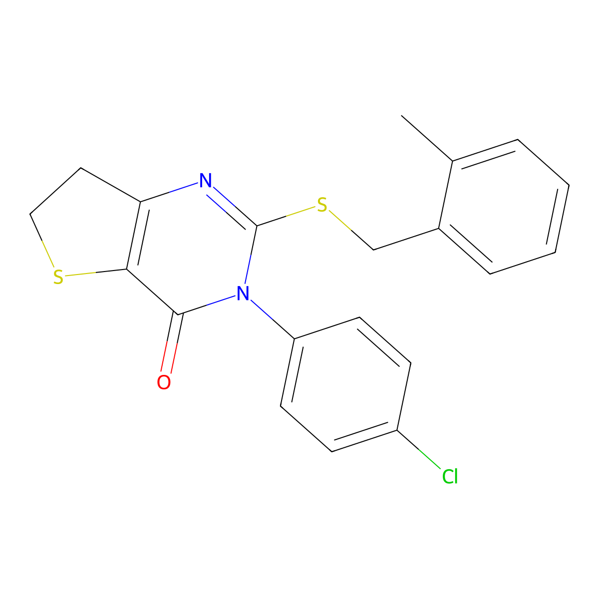 3-(4-Chlorophenyl)-2-[(2-methylphenyl)methylsulfanyl]-6,7-dihydrothieno[3,2-d]pyrimidin-4-one molecular structure, CAS 687564-68-7