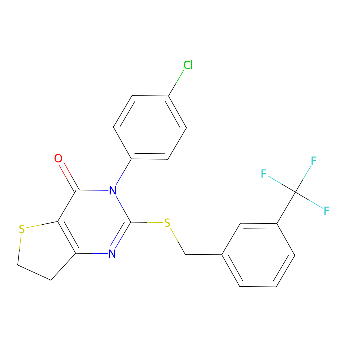3-(4-chlorophenyl)-2-((3-(trifluoromethyl)benzyl)thio)-6,7-dihydrothieno[3,2-d]pyrimidin-4(3H)-one molecular structure, CAS 687564-92-7
