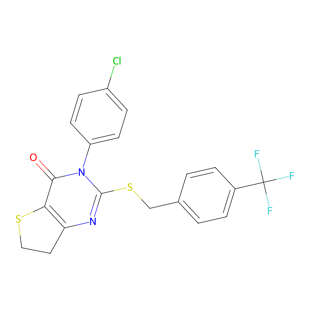 3-(4-chlorophenyl)-2-((4-(trifluoromethyl)benzyl)thio)-6,7-dihydrothieno[3,2-d]pyrimidin-4(3H)-one molecular structure, CAS 687564-96-1