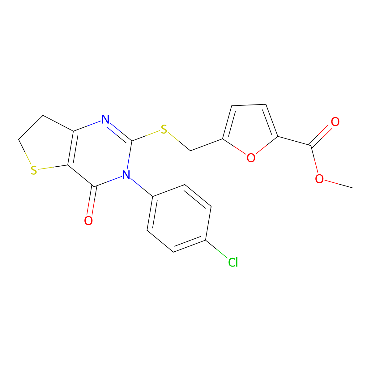 Methyl 5-(((3-(4-chlorophenyl)-4-oxo-3,4,6,7-tetrahydrothieno[3,2-d]pyrimidin-2-yl)thio)methyl)furan-2-carboxylate molecular structure, CAS 687565-00-0